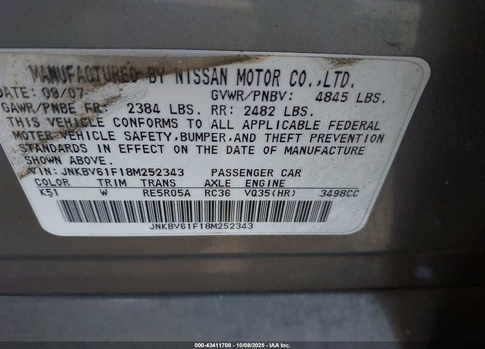 2008 INFINITI G35 VIN: JNKBV61F18M252343