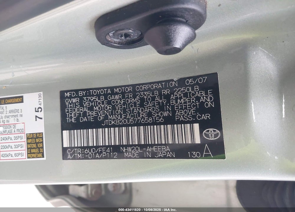 2007 TOYOTA PRIUS VIN: JTDKB20U577658156