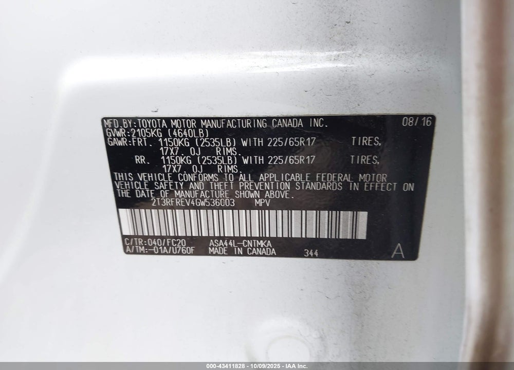 2016 TOYOTA RAV4 VIN: 2T3RFREV4GW536003