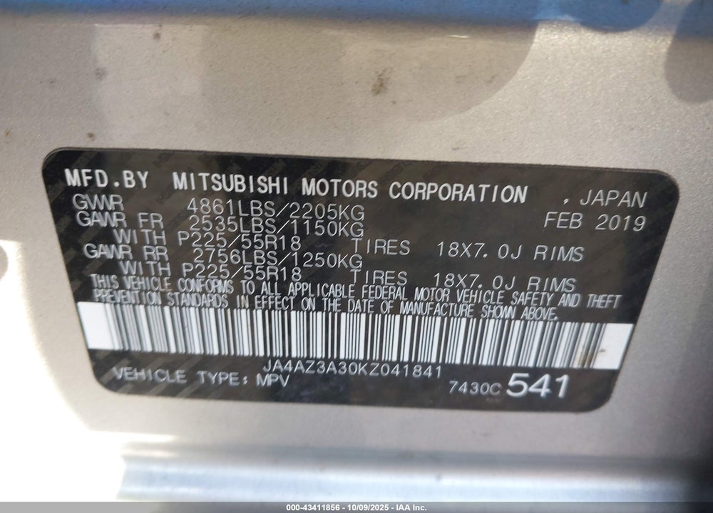 2019 MITSUBISHI OUTLANDER VIN: JA4AZ3A30KZ041841