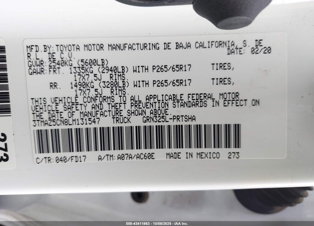 2020 TOYOTA TACOMA TRD SPORT VIN: 3TMAZ5CN8LM131547