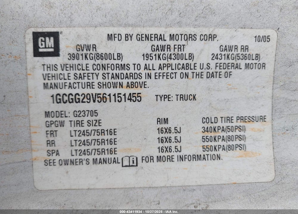 2006 CHEVROLET EXPRESS VIN: 1GCGG29V561151455