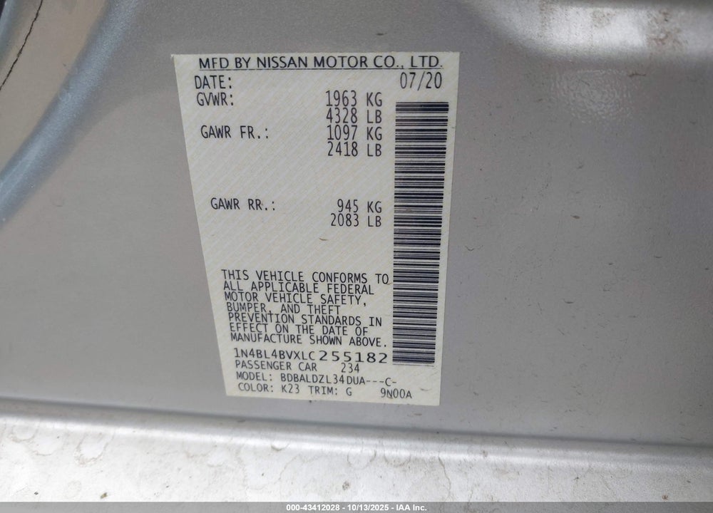 2020 NISSAN ALTIMA S FWD VIN: 1N4BL4BVXLC255182