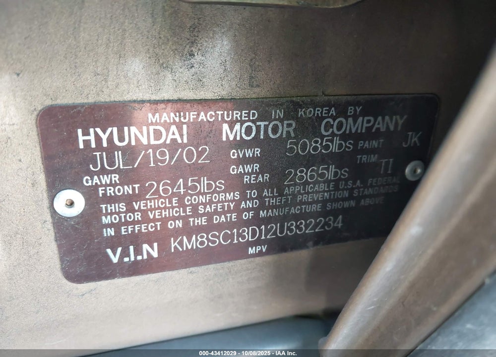 2002 HYUNDAI SANTA FE GLS/LX VIN: KM8SC13D12U332234
