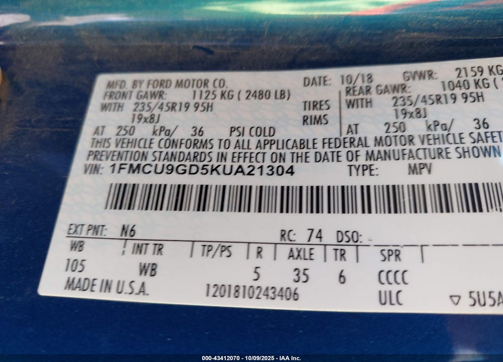 2019 FORD ESCAPE SE VIN: 1FMCU9GD5KUA21304