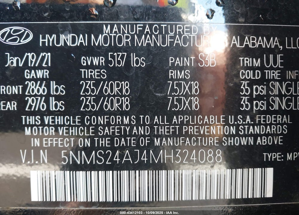 2021 HYUNDAI SANTA FE SEL VIN: 5NMS24AJ4MH324088