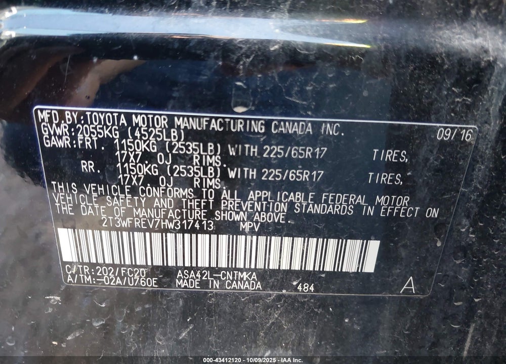 2017 TOYOTA RAV4 XLE VIN: 2T3WFREV7HW317413
