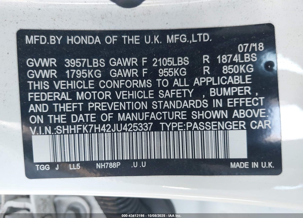 2018 HONDA CIVIC VIN: SHHFK7H42JU425337