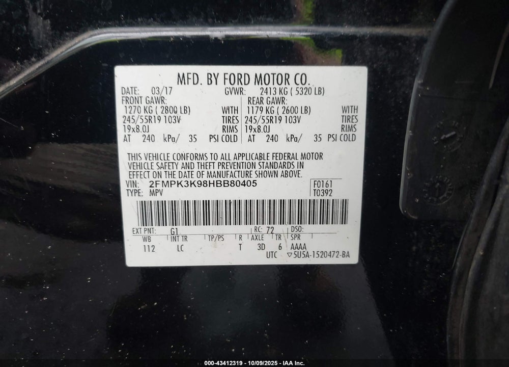 2017 FORD EDGE VIN: 2FMPK3K98HBB80405