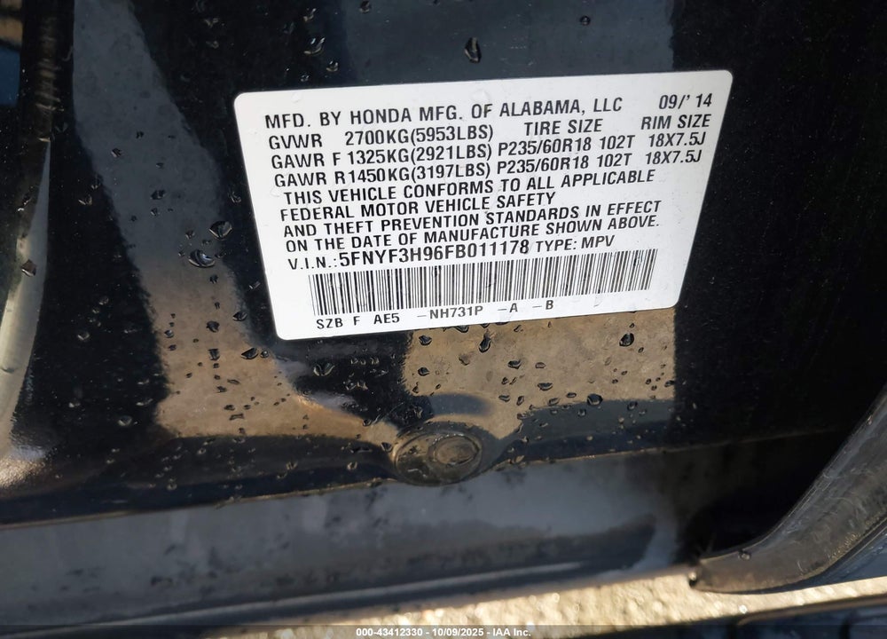 2015 HONDA PILOT TOURING VIN: 5FNYF3H96FB011178
