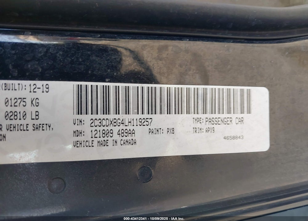 2020 DODGE CHARGER VIN: 2C3CDXBG4LH119257