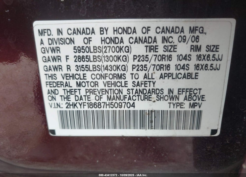 2007 HONDA PILOT EX-L VIN: 2HKYF18687H509704