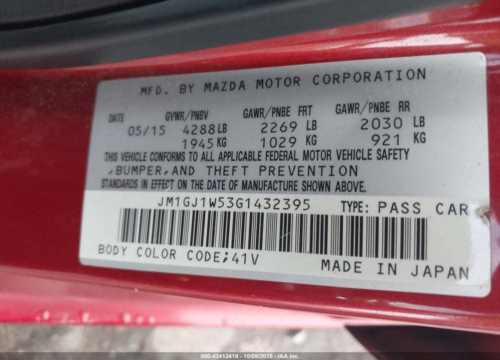 2016 MAZDA 6 VIN: JM1GJ1W53G1432395