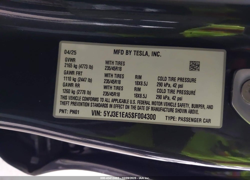 2025 TESLA MODEL 3 LONG RANGE REAR-WHEEL DRIVE VIN: 5YJ3E1EA5SF004300