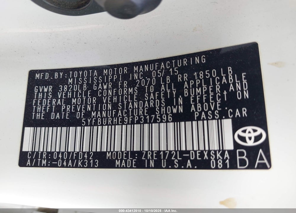 2015 TOYOTA COROLLA S PLUS VIN: 5YFBURHE9FP317596