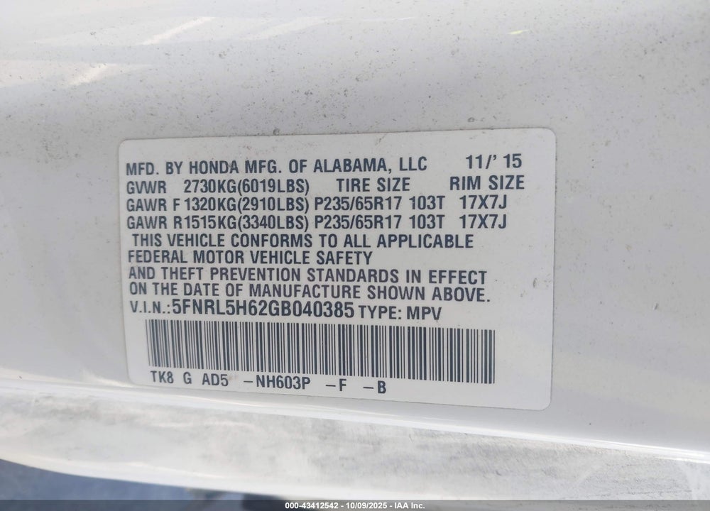 2016 HONDA ODYSSEY EX-L VIN: 5FNRL5H62GB040385