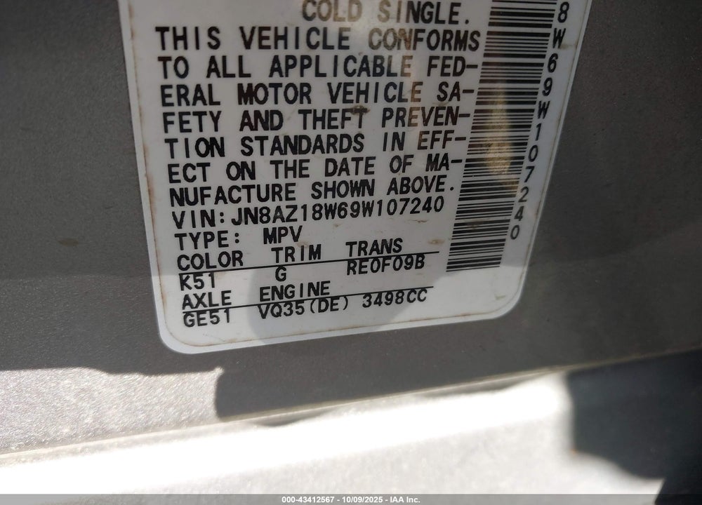 2009 NISSAN MURANO VIN: JN8AZ18W69W107240
