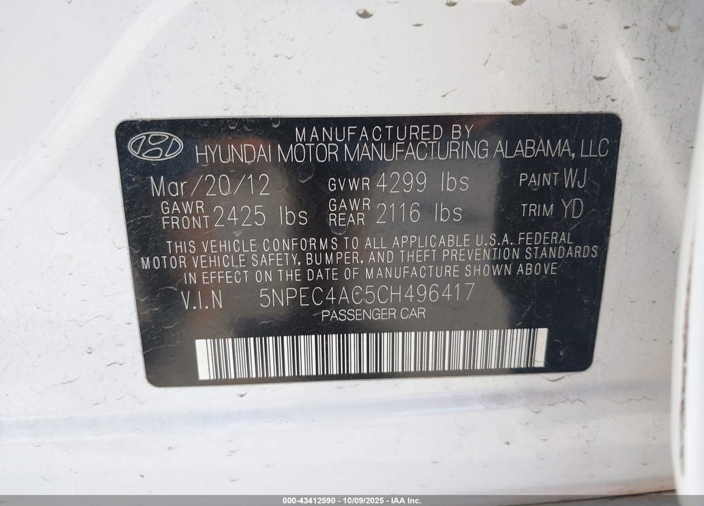 2012 HYUNDAI SONATA LIMITED VIN: 5NPEC4AC5CH496417