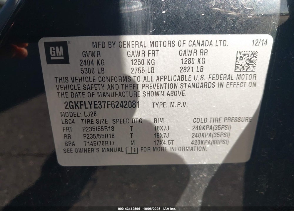 2015 GMC TERRAIN SLT-2 VIN: 2GKFLYE37F6242081