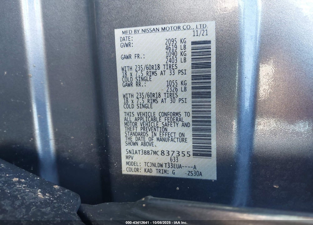 2021 NISSAN ROGUE SV INTELLIGENT AWD VIN: 5N1AT3BB7MC837355