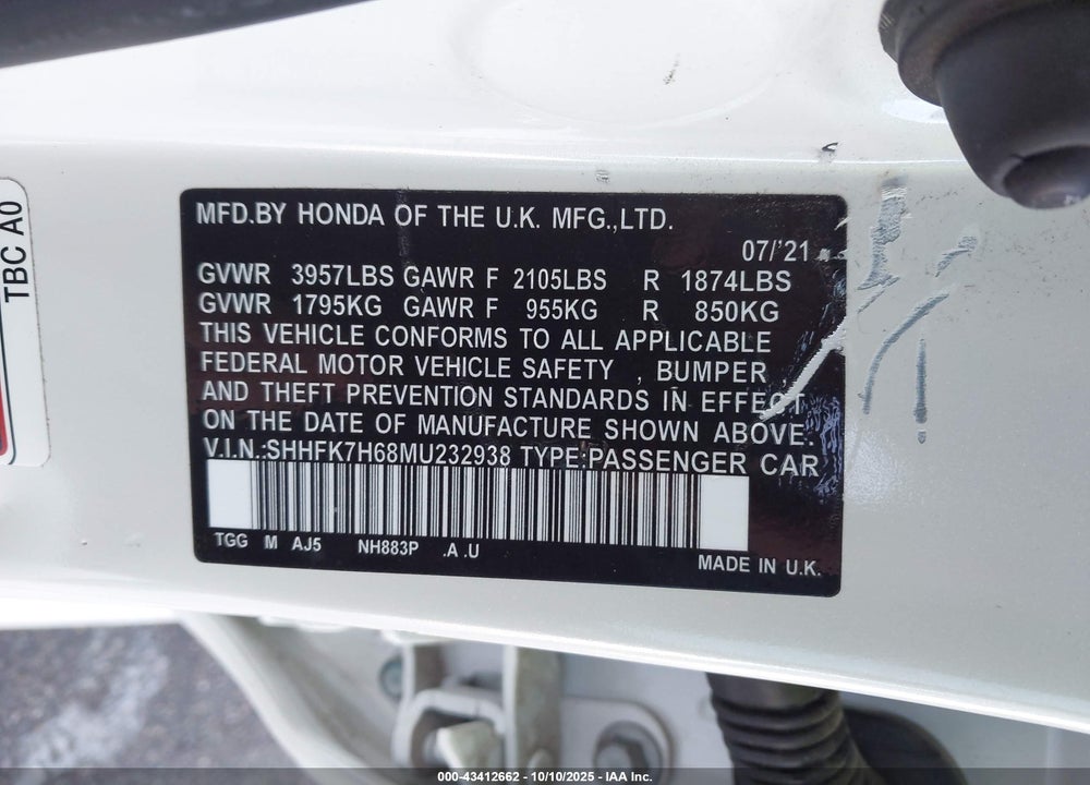 2021 HONDA CIVIC EX VIN: SHHFK7H68MU232938