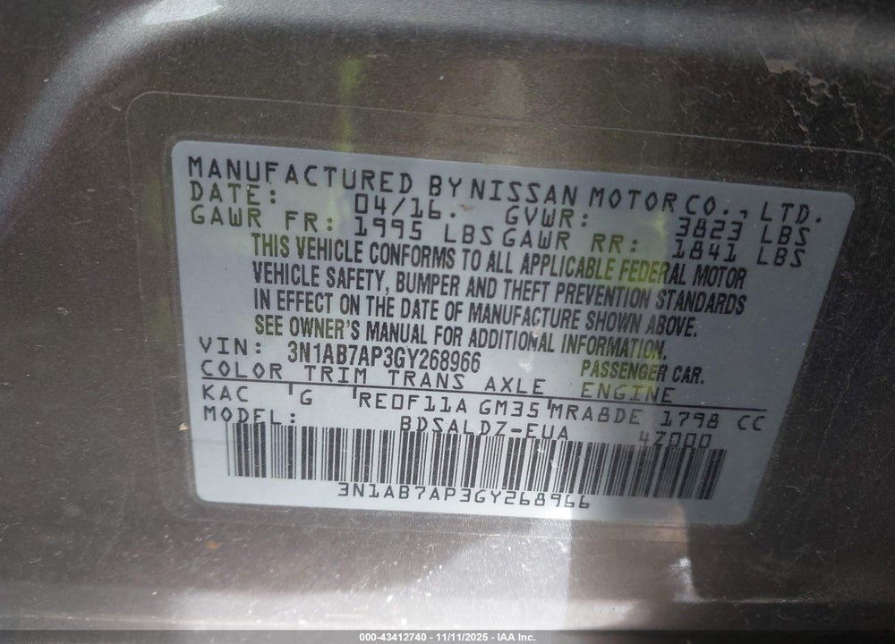 2016 NISSAN SENTRA SV VIN: 3N1AB7AP3GY268966