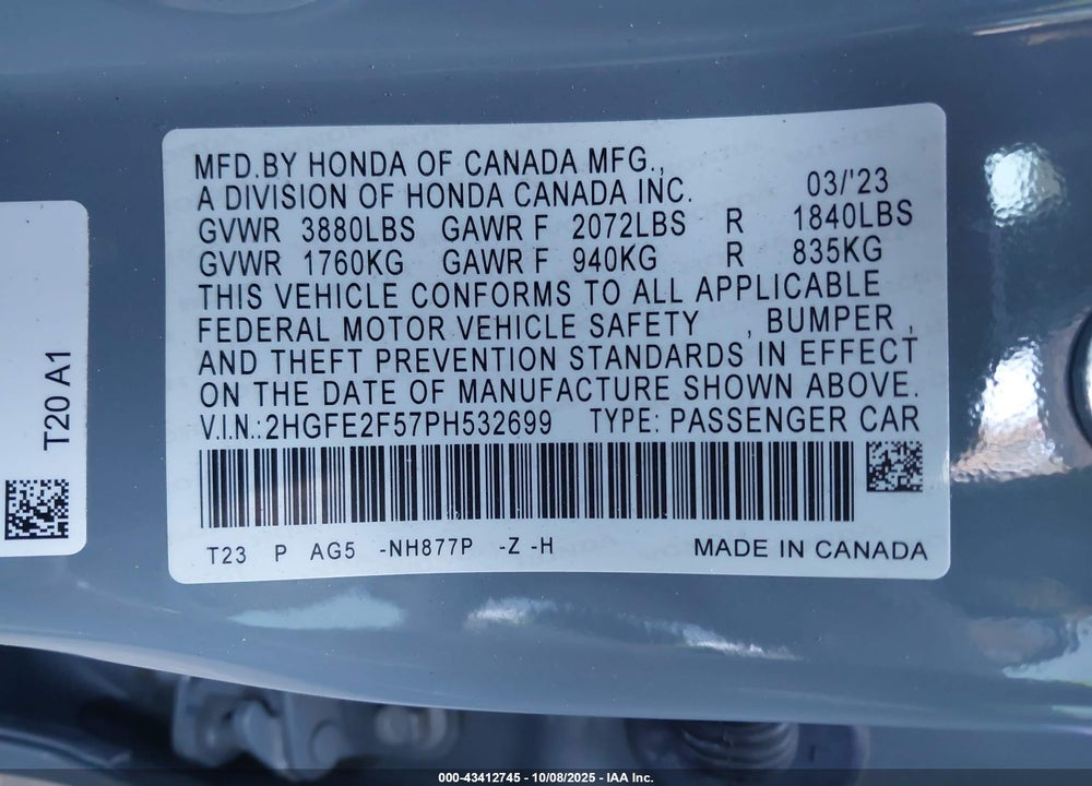 2023 HONDA CIVIC SPORT VIN: 2HGFE2F57PH532699