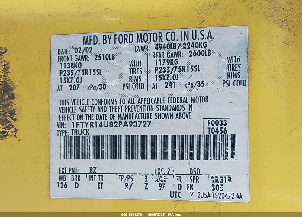 2002 FORD RANGER EDGE/TREMOR/XL/XLT VIN: 1FTYR14U82PA93727