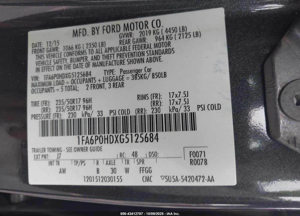 2016 FORD FUSION SE VIN: 1FA6P0HDXG5125684
