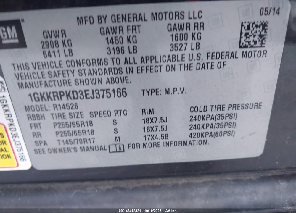 2014 GMC ACADIA VIN: 1GKKRPKD3EJ375166