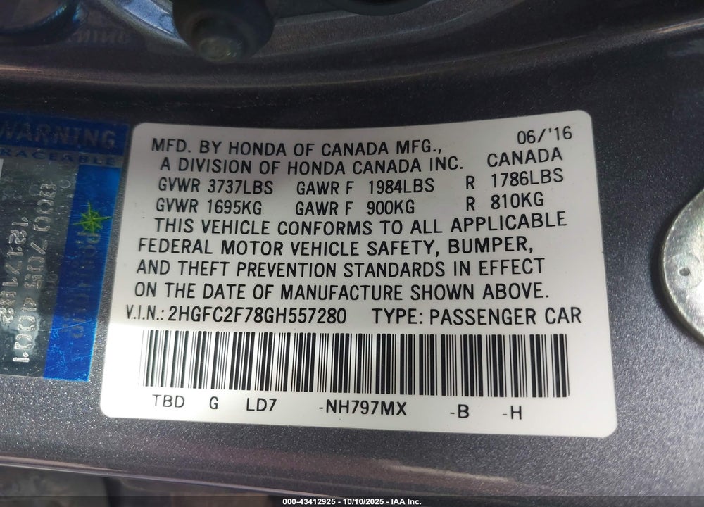 2016 HONDA CIVIC EX VIN: 2HGFC2F78GH557280