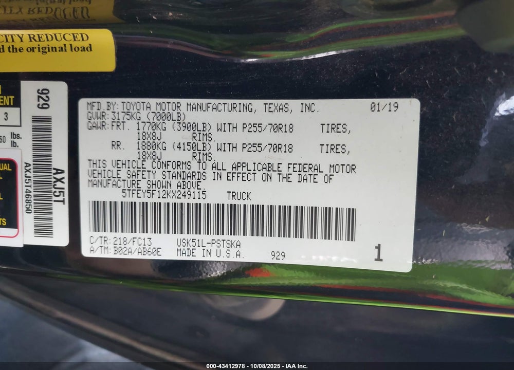 2019 TOYOTA TUNDRA SR5 5.7L V8 VIN: 5TFEY5F12KX249115
