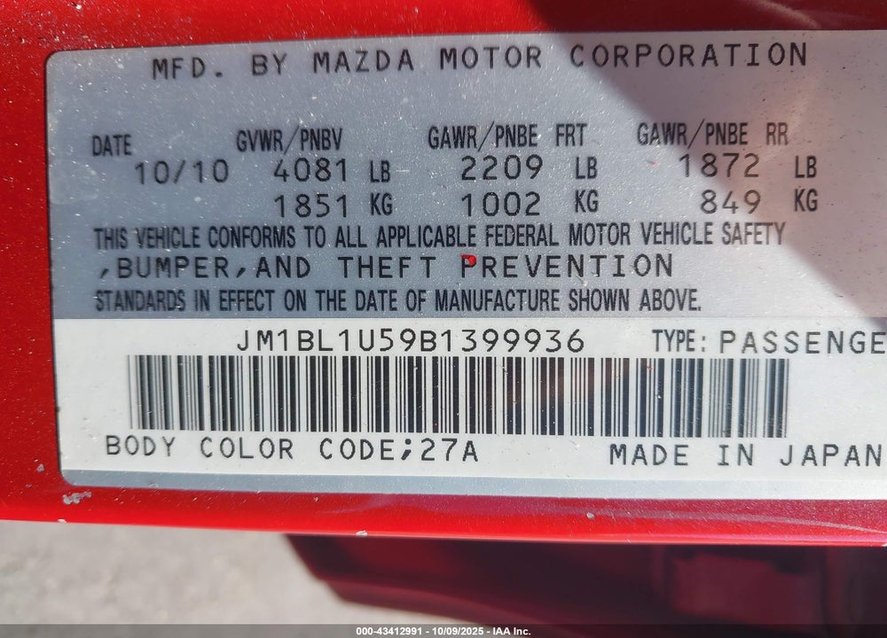 2011 MAZDA 3 VIN: JM1BL1U59B1399936