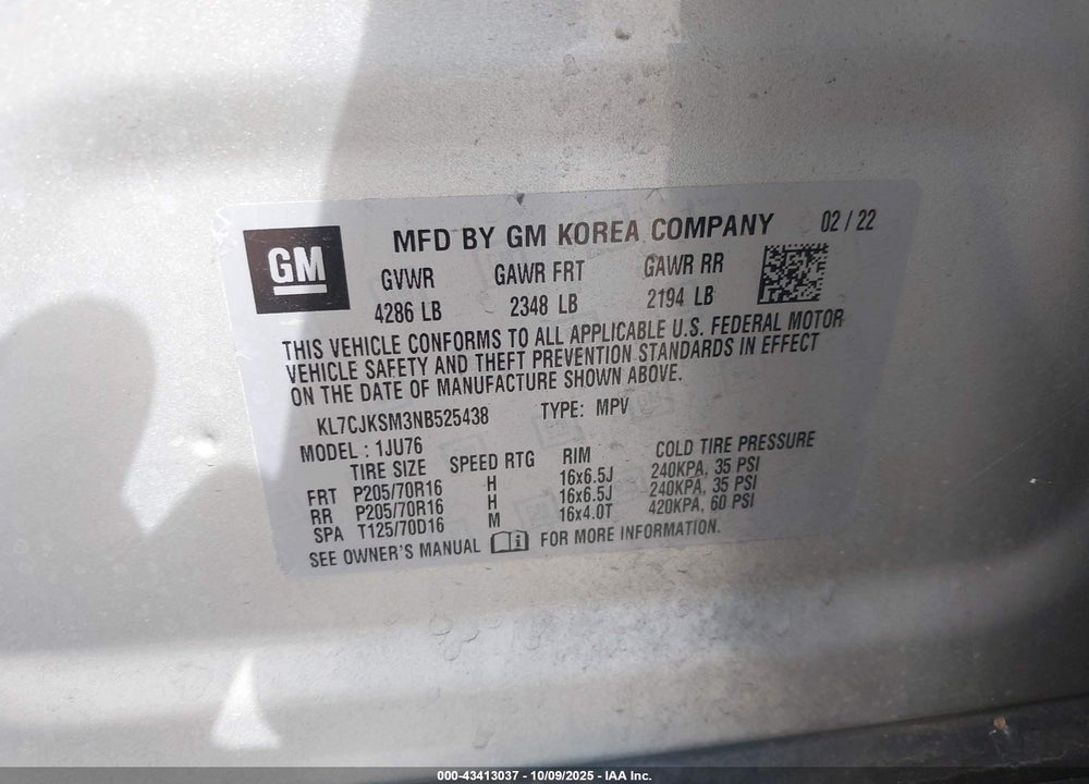 2022 CHEVROLET TRAX VIN: KL7CJKSM3NB525438