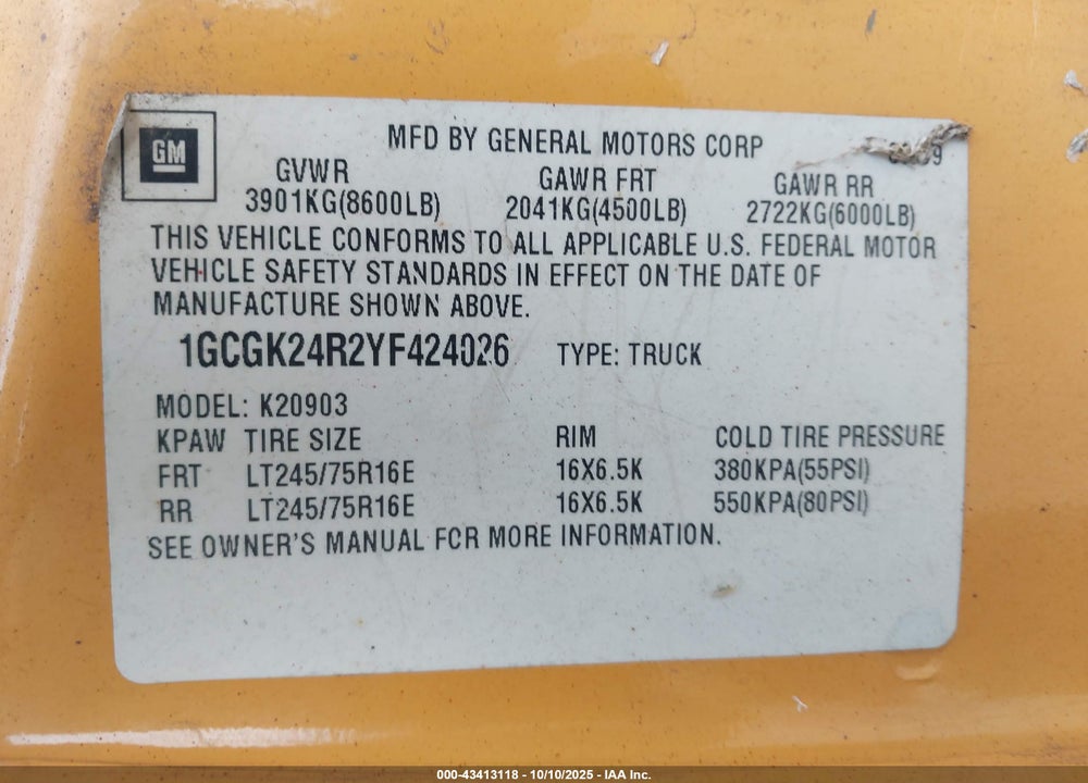 2000 CHEVROLET K2500 VIN: 1GCGK24R2YF424026