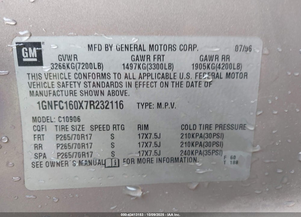 2007 CHEVROLET SUBURBAN 1500 LS VIN: 1GNFC160X7R232116