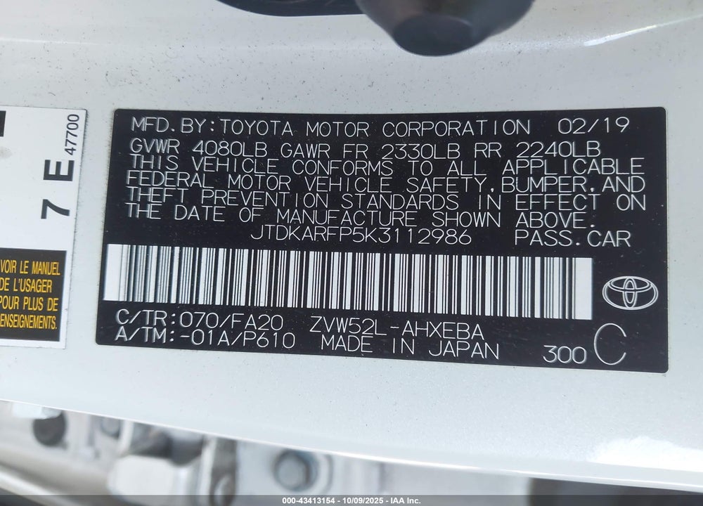 2019 TOYOTA PRIUS PRIME PLUS VIN: JTDKARFP5K3112986