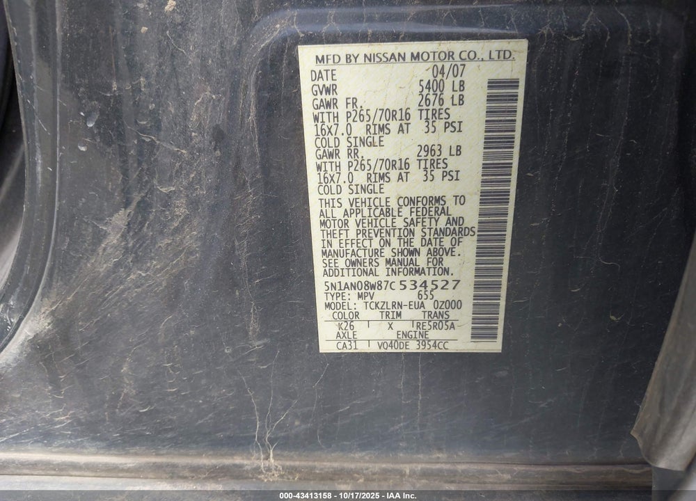 2007 NISSAN XTERRA VIN: 5N1AN08W87C534527