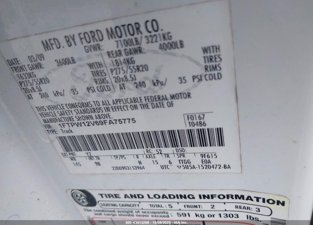 2009 FORD F-150 VIN: 1FTPW12V69FA75775