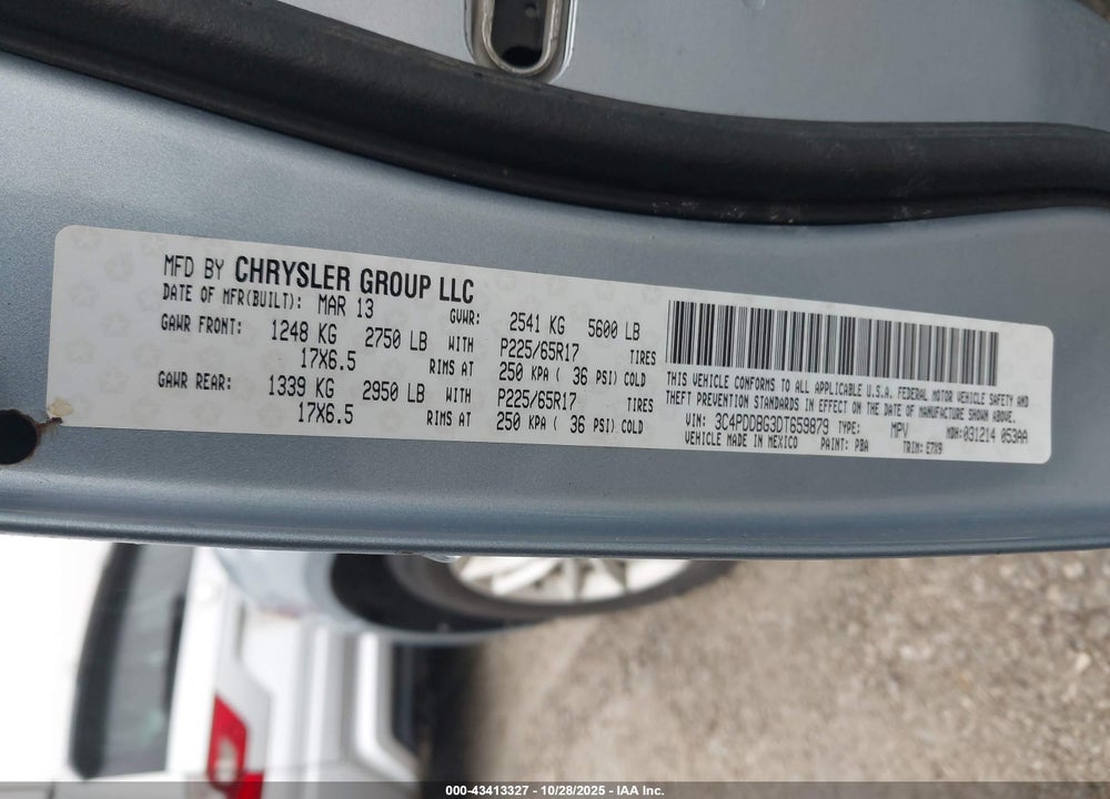 2013 DODGE JOURNEY SXT VIN: 3C4PDDBG3DT659879