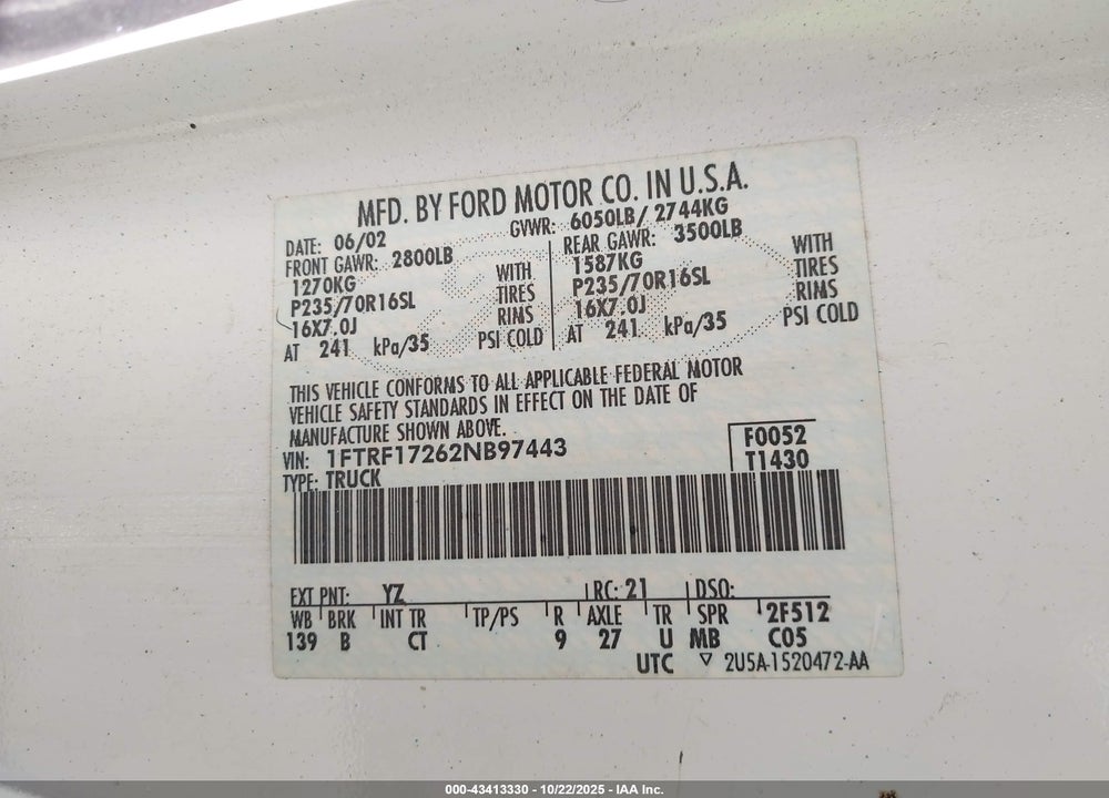 2002 FORD F-150 VIN: 1FTRF17262NB97443