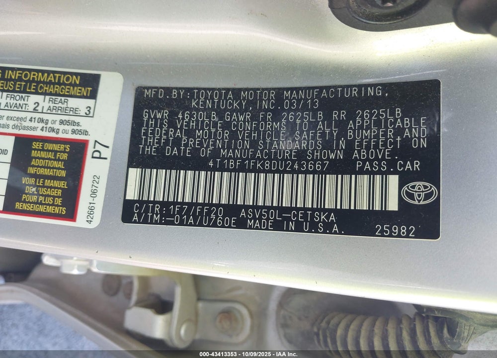 2013 TOYOTA CAMRY SE VIN: 4T1BF1FK8DU243667