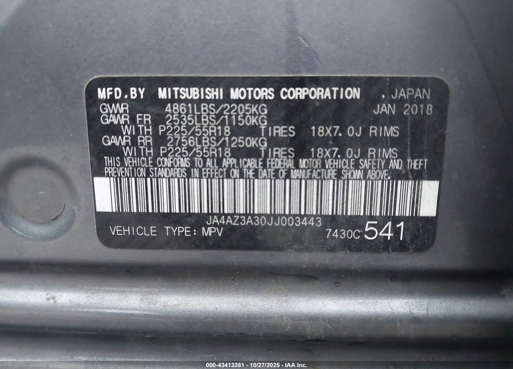 2018 MITSUBISHI OUTLANDER VIN: JA4AZ3A30JJ003443