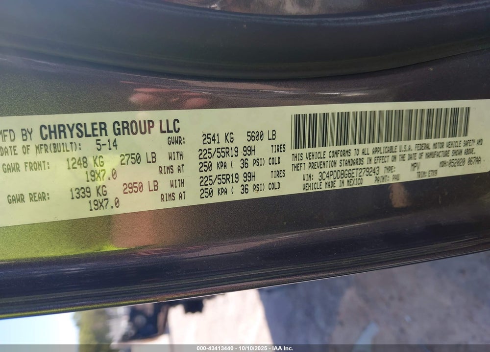 2014 DODGE JOURNEY VIN: 3C4PDDBG6ET279243