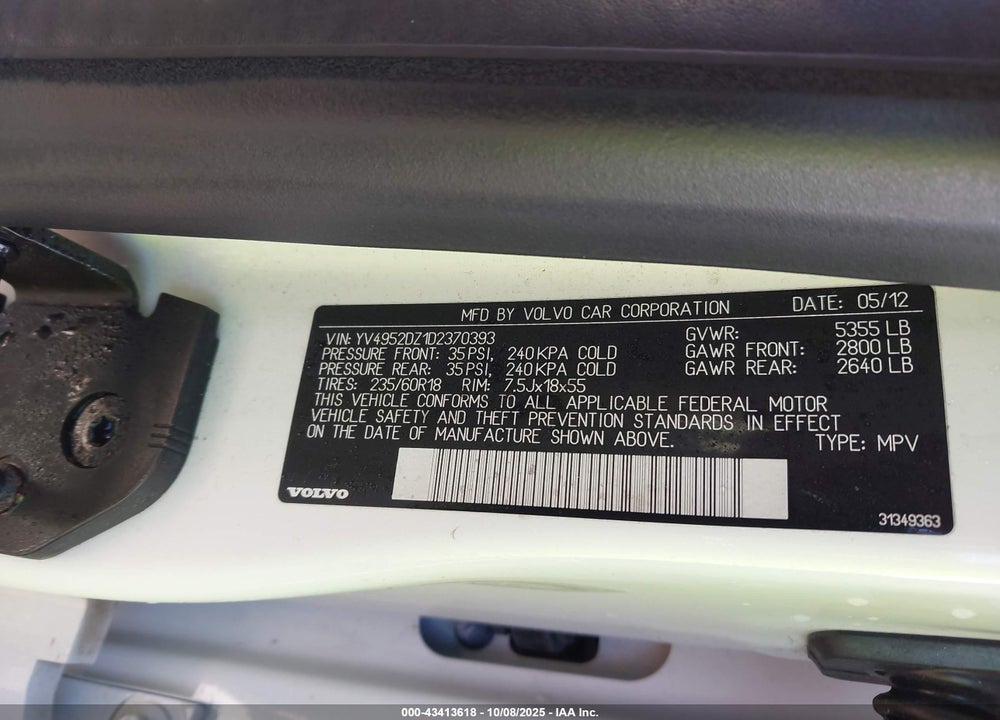2013 VOLVO XC60 VIN: YV4952DZ1D2370393