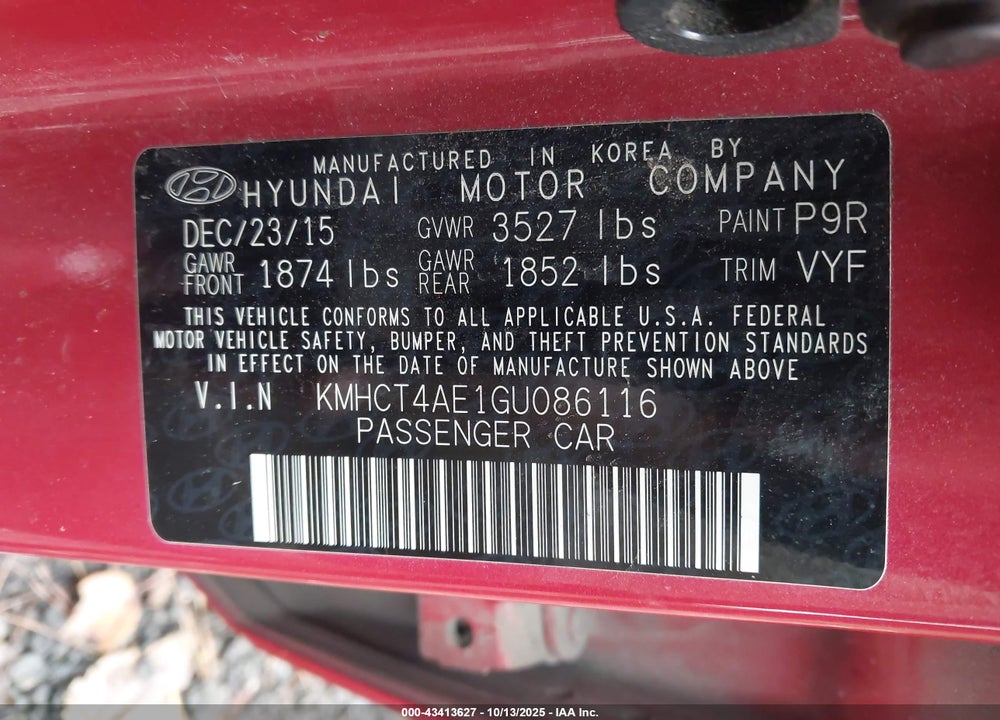 2016 HYUNDAI ACCENT VIN: KMHCT4AE1GU086116
