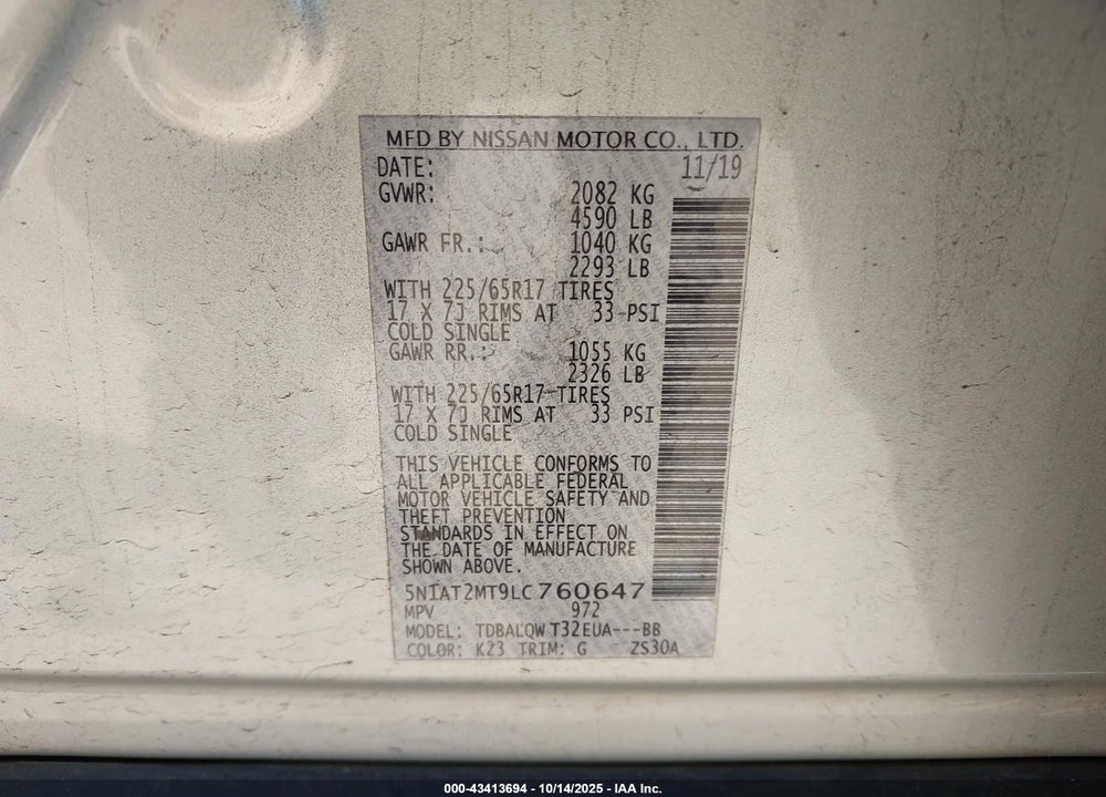 2020 NISSAN ROGUE VIN: 5N1AT2MT9LC760647