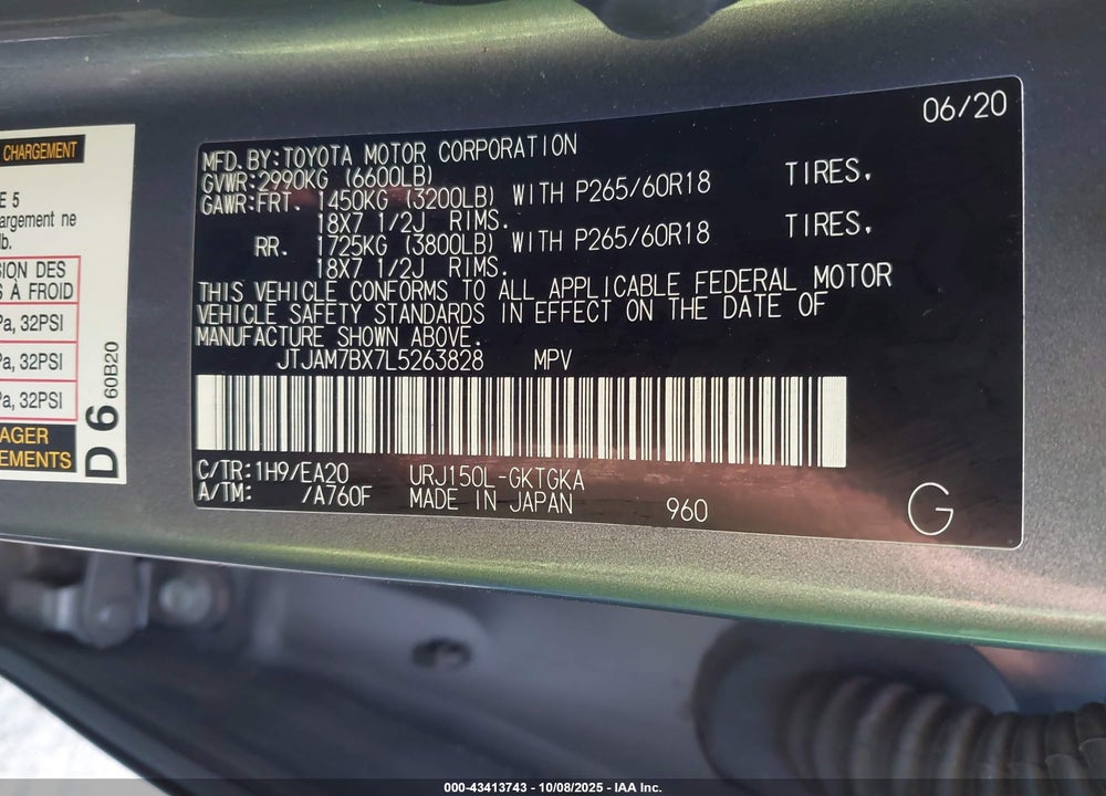 2020 LEXUS GX 460 VIN: JTJAM7BX7L5263828