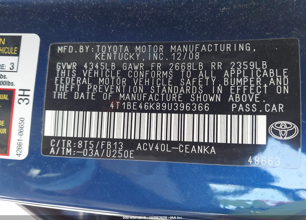 2009 TOYOTA CAMRY LE VIN: 4T1BE46K89U396366