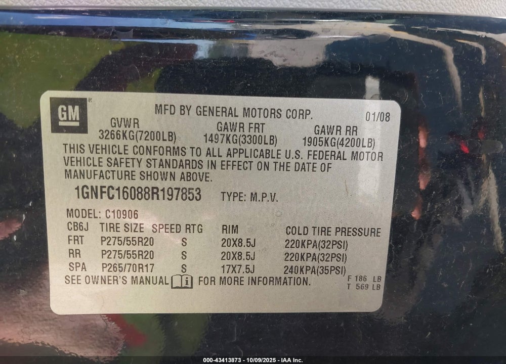 2008 CHEVROLET SUBURBAN 1500 LT VIN: 1GNFC16088R197853